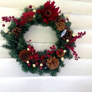 Evergreen decorated wreath with red accents 15 inch diameter